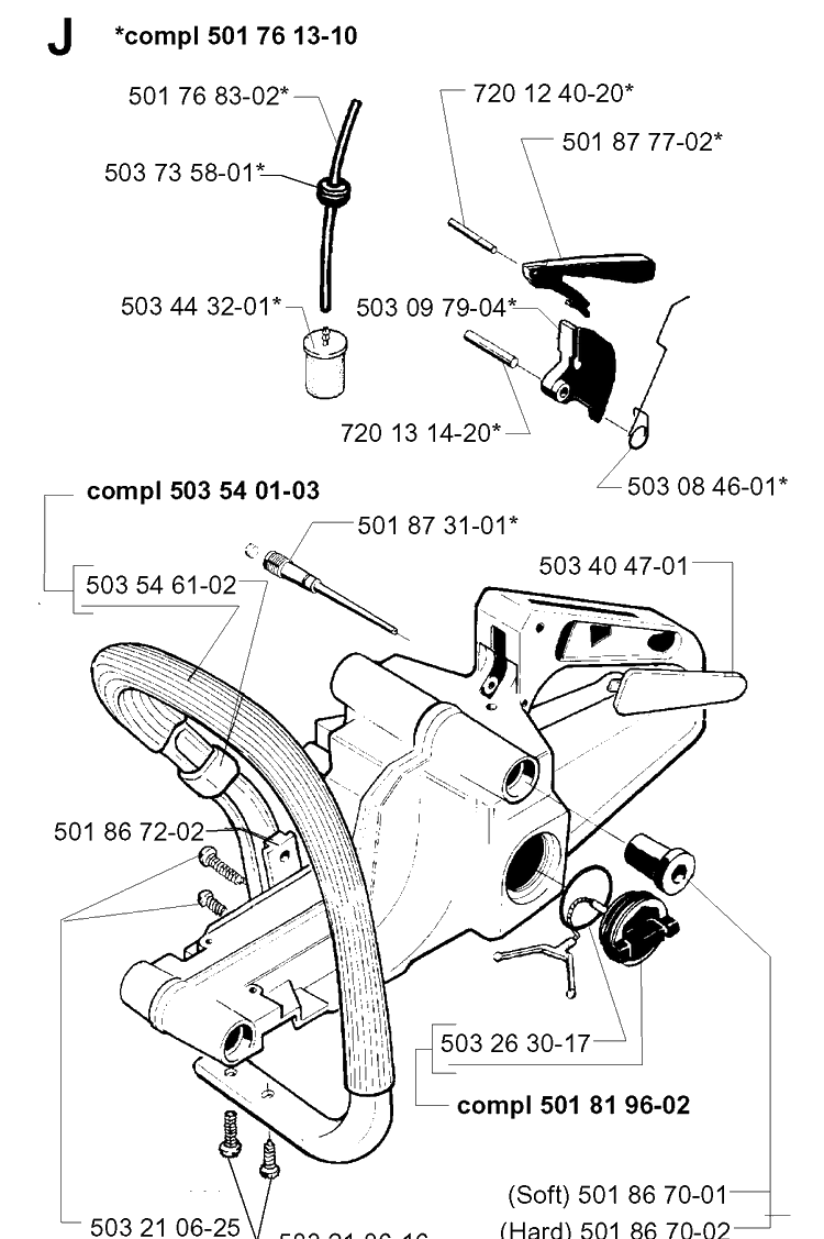Fuel Tank And Handle Diagram and Parts List for 257 19960100001-19980900000 Husqvarna Chainsaw