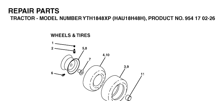 Wheels And Tires Diagram and Parts List for YTH1848XP (HAU18H48H)(2004-09) Husqvarna Lawn Tractor