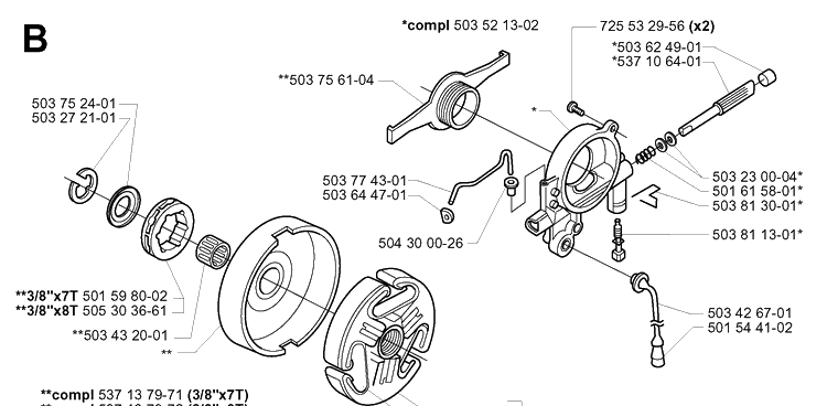 Clutch And Oil Pump 2 Diagram and Parts List for 385XP 20034000001-20051000000 Husqvarna Chainsaw