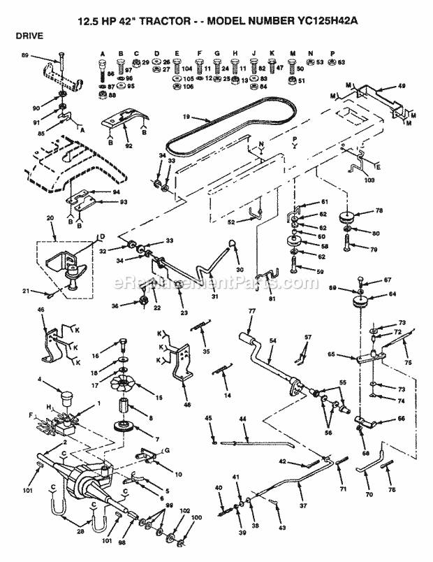 Drive Diagram and Parts List for YC125H42A 1993 Husqvarna Lawn Tractor