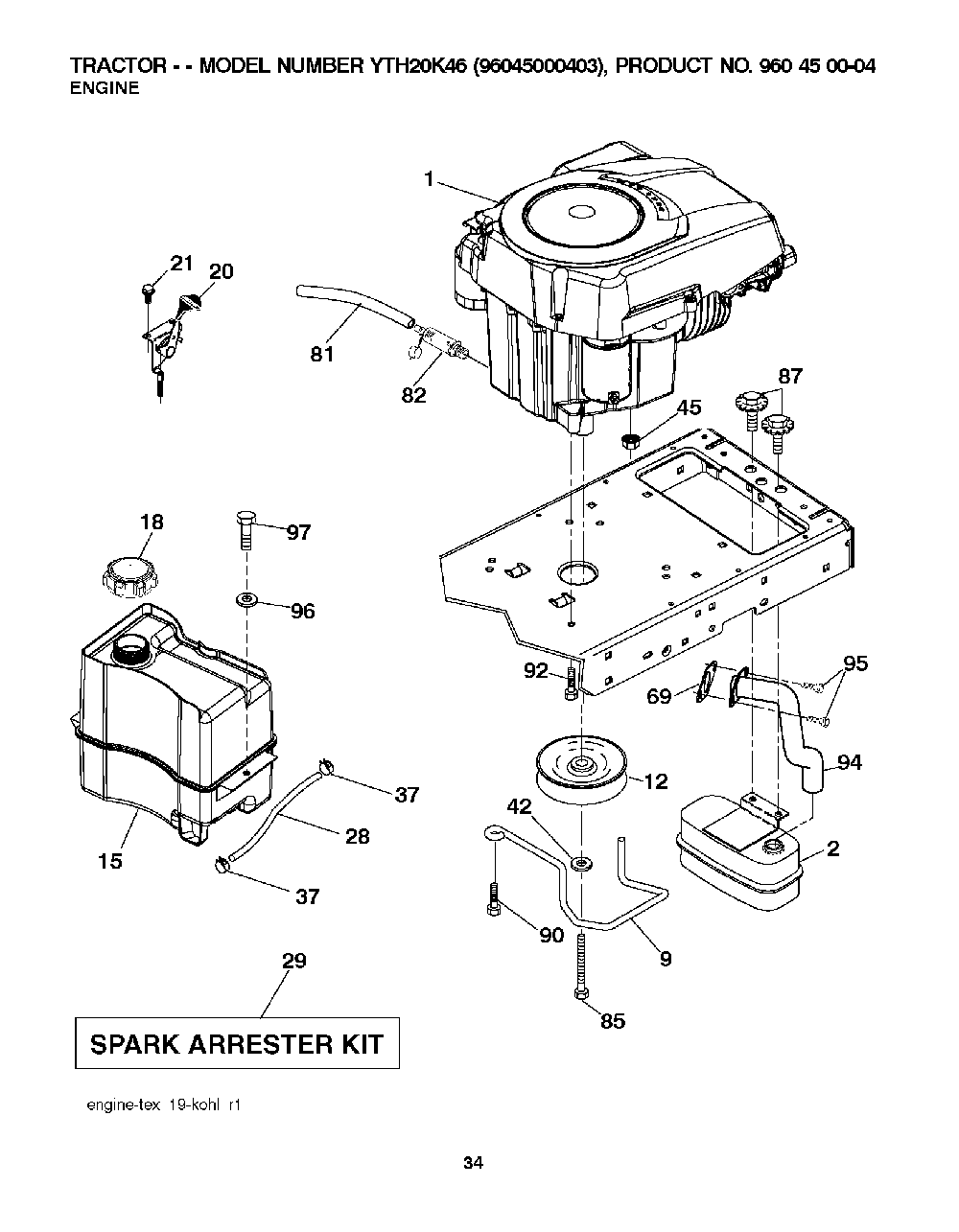 Engine Diagram and Parts List for YTH20K4696045000403 2007-10 Husqvarna Lawn Tractor