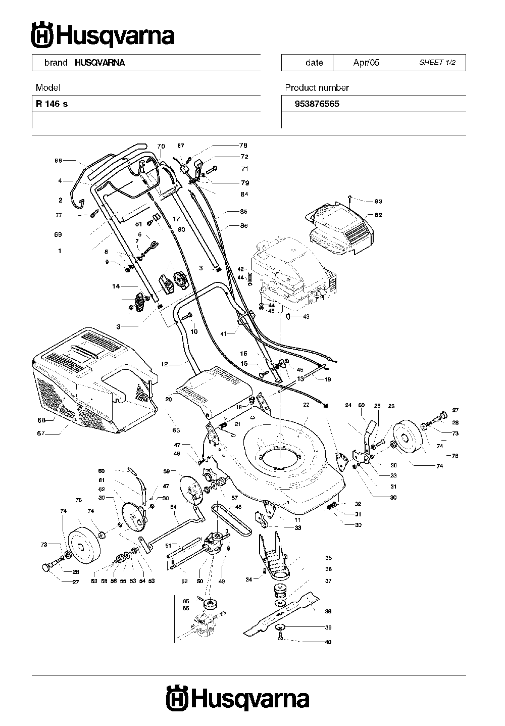 Product Complete Diagram and Parts List for R146S (953876565)(2005-05) Husqvarna Lawn Mower