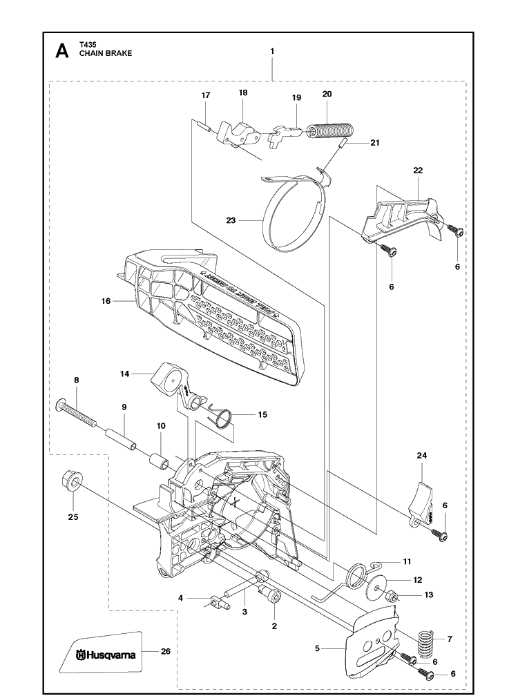 Chain Brake Diagram and Parts List for T435  Husqvarna Chainsaw