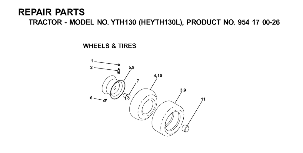 Wheels And Tires Diagram and Parts List for YTH130 (954170026-L)(2001-09) Husqvarna Lawn Tractor