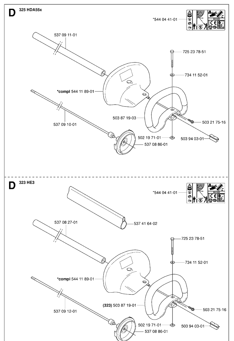 Shaft And Handle Diagram and Parts List for HA850 20053600001-20070100000 Husqvarna Hedge Trimmer
