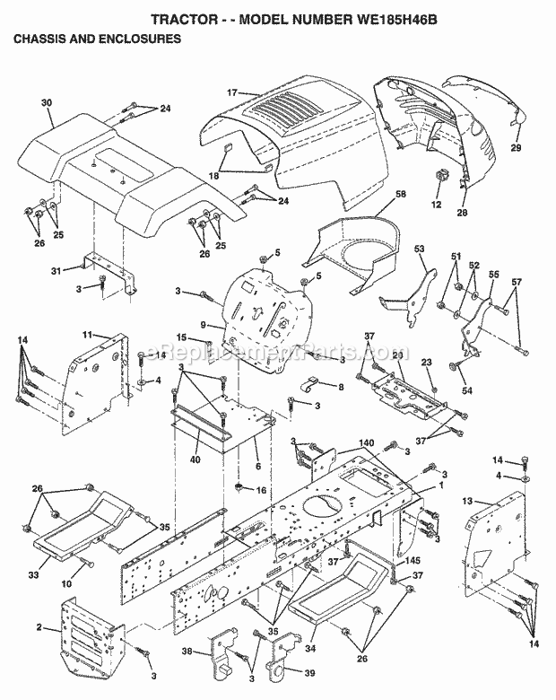 Chassis And Enclosures Diagram and Parts List for WE185H46B 1998 Husqvarna Lawn Tractor
