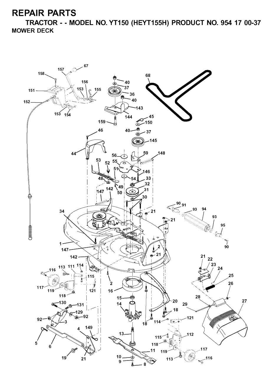 Mower Deck / Cutting Deck Diagram and Parts List for YT150 (954170037-H)(2001-09) Husqvarna Lawn Tractor