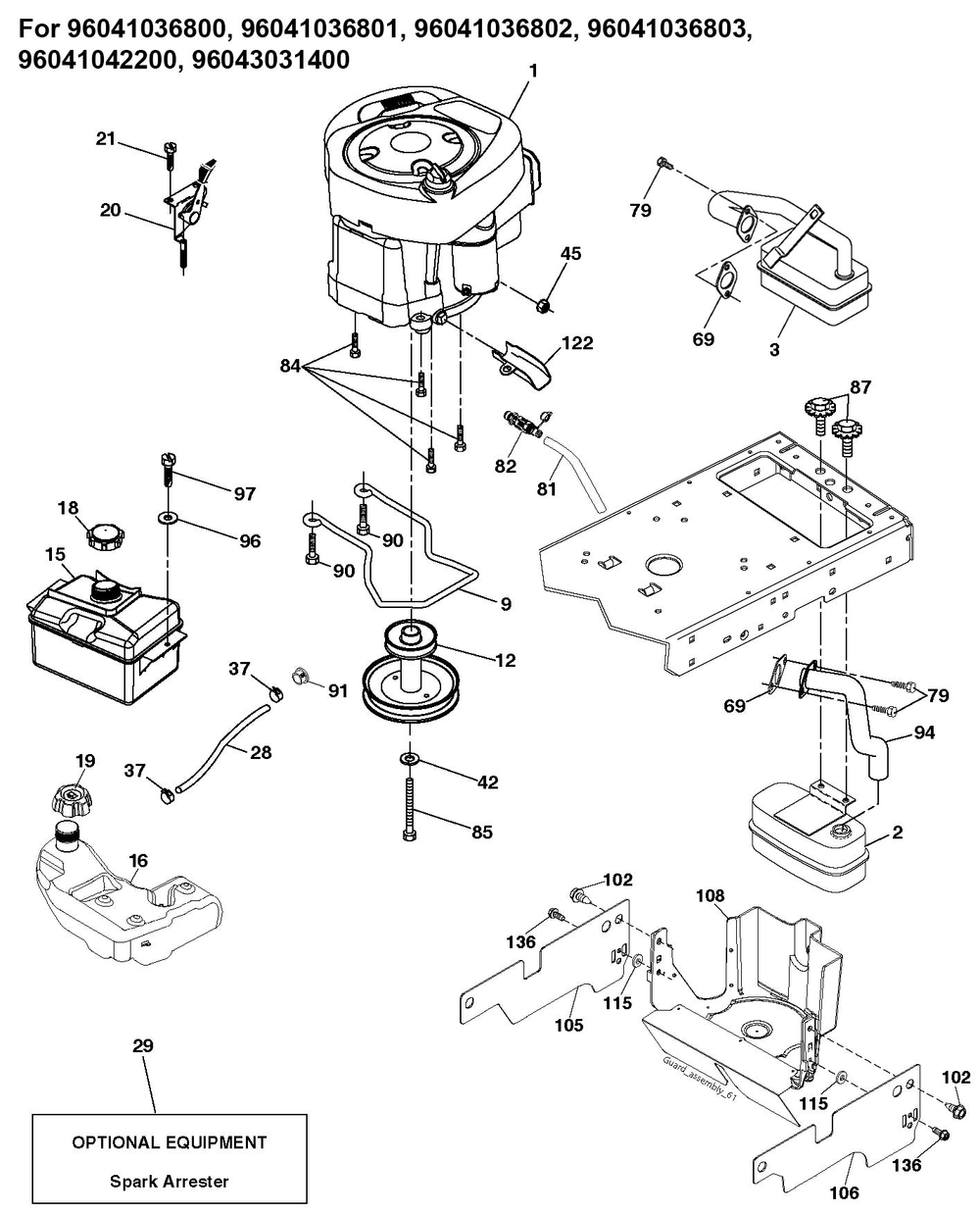 Engine Diagram and Parts List for TS142 2020 Husqvarna Lawn Tractor