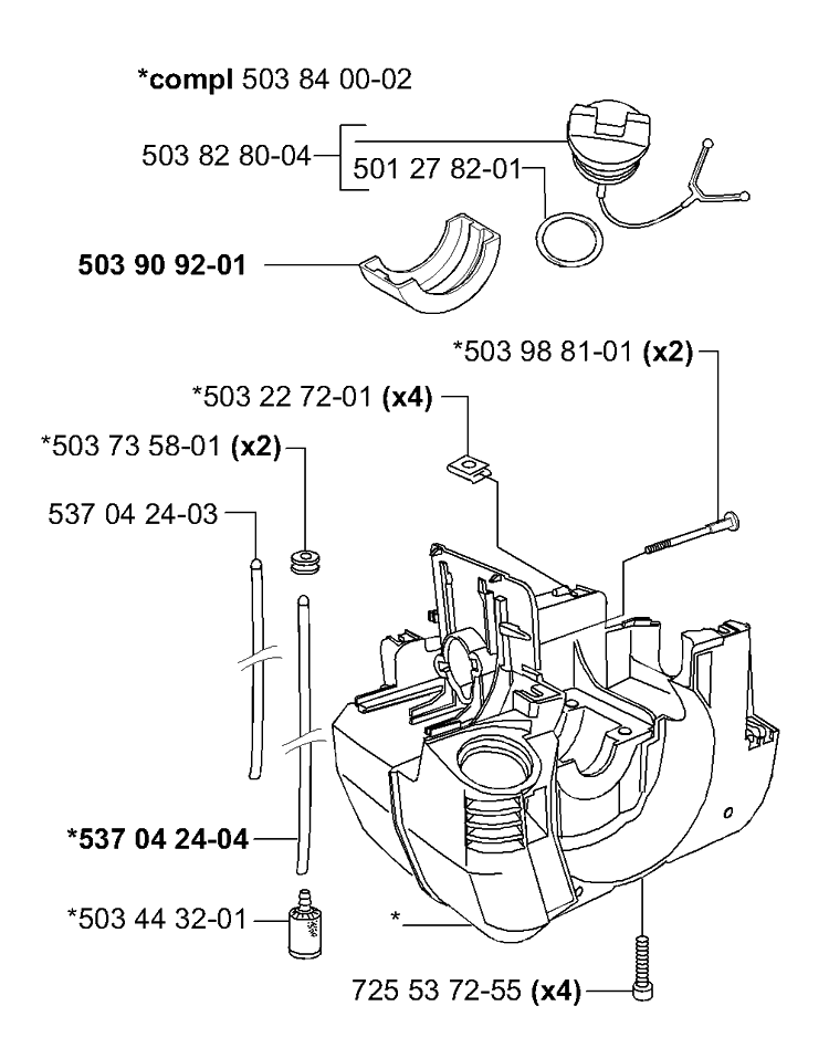 Fuel Tank/Crankcase Diagram and Parts List for 225L 2000-10 Husqvarna Trimmer
