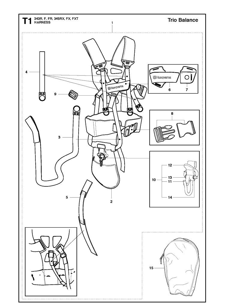 Harness Diagram and Parts List for 343F  Husqvarna Brush Cutter