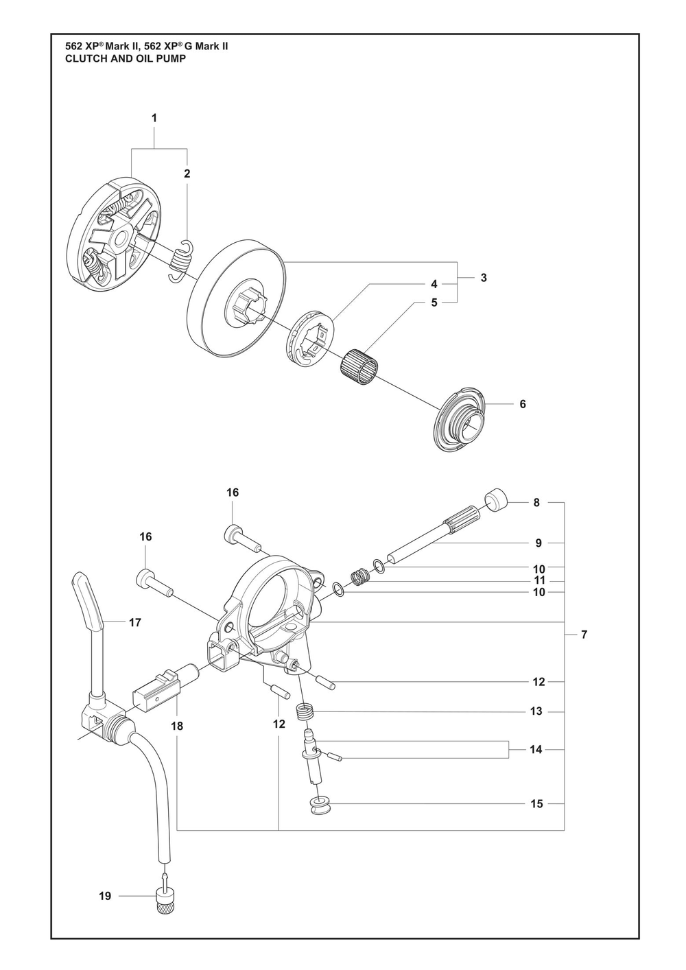 Clutch And Oil Pump Diagram and Parts List for 562XPMARKII  Husqvarna Chainsaw
