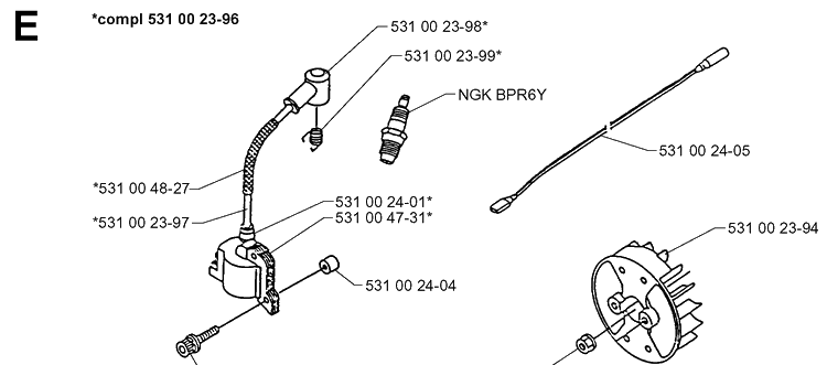 Ignition System Diagram and Parts List for 132R 19994000001-20050100000 Husqvarna Brush Cutter