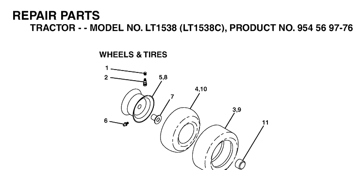 Wheels And Tires Diagram and Parts List for LT1538-LT1538C 2002-12 Husqvarna Lawn Tractor