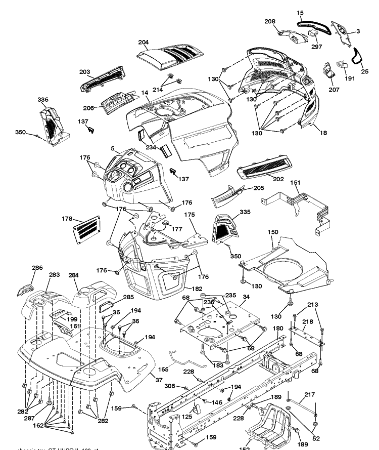 Chassis And Enclosures Diagram and Parts List for YT46LS (96043015000)(2012-09) Husqvarna Lawn Tractor