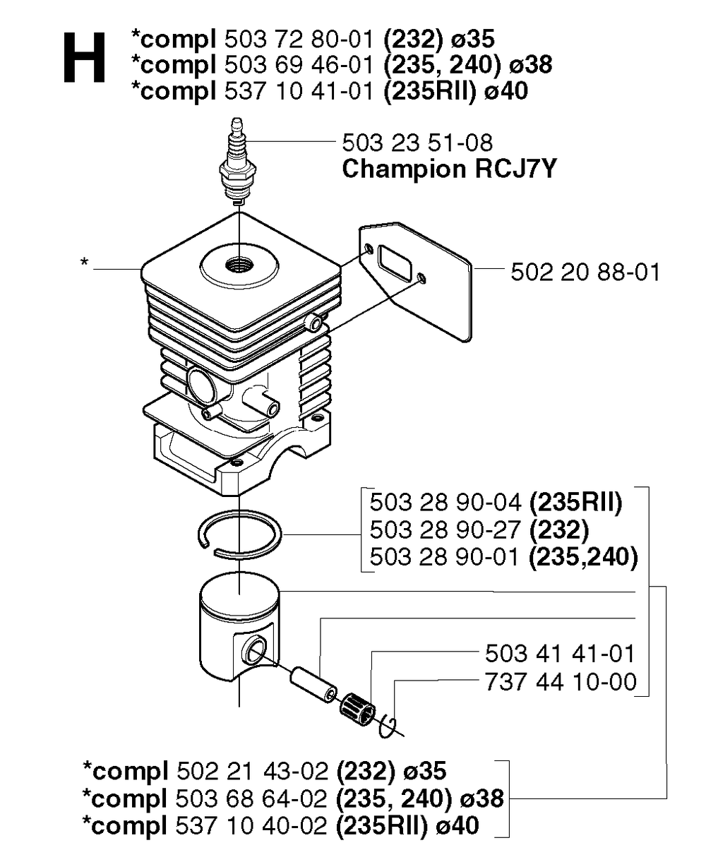 Cylinder Piston Diagram and Parts List for 240RJ 20023500001 & Above Husqvarna Trimmer