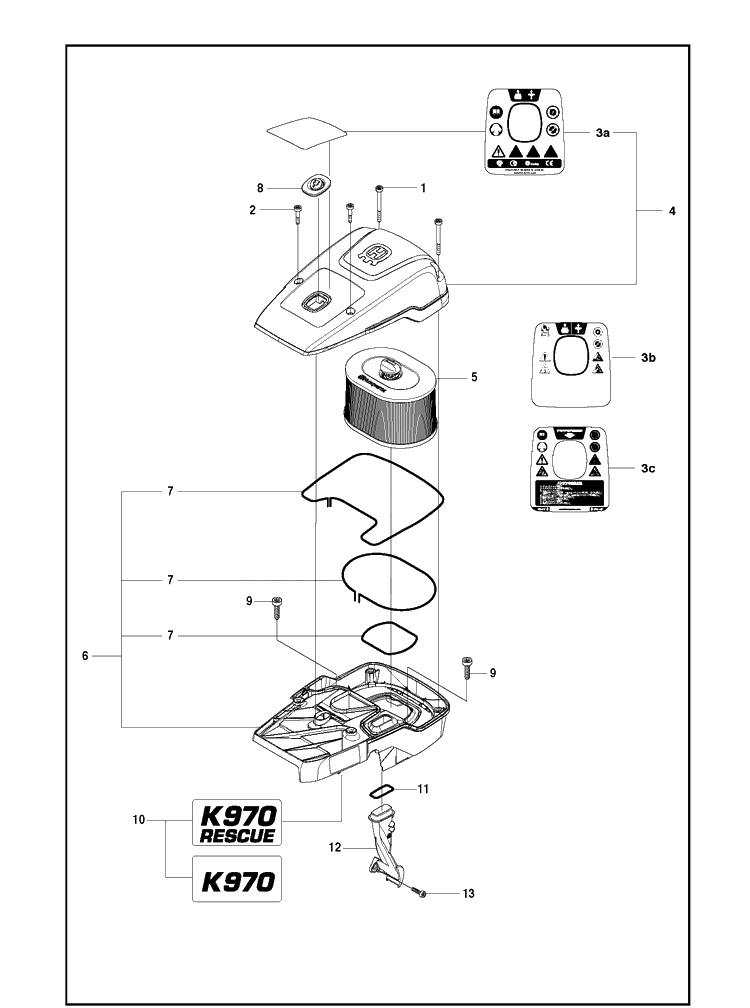 Air Filter Cover Diagram and Parts List for K970 2016-07 Husqvarna Lawn Tractor Accessories
