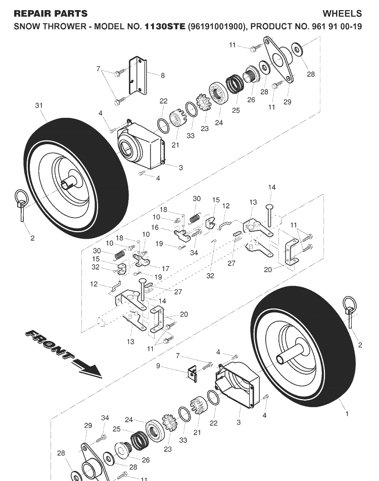 Wheels And Tires Diagram and Parts List for 1130STE (96191001900)(2007-07) Husqvarna Snow Blower