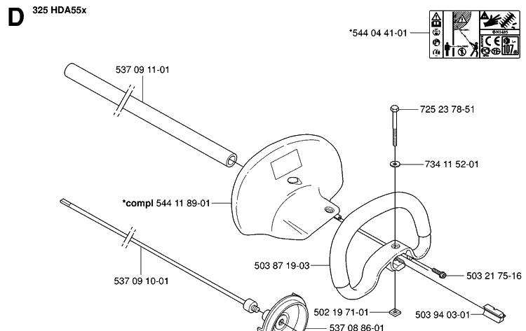 Shaft And Handle Diagram and Parts List for 325HA110 20054000001-20040100000 Husqvarna Hedge Trimmer