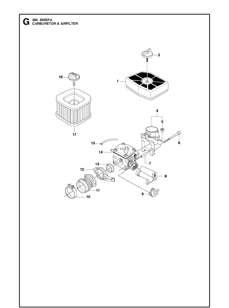 Carburetor Air Filter Diagram and Parts List for 390 2013-09 Husqvarna Chainsaw