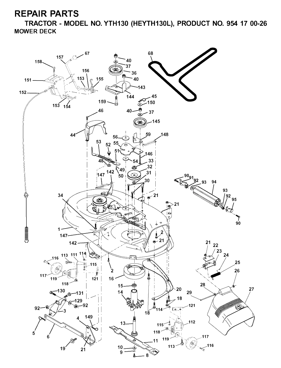 Mower Deck / Cutting Deck Diagram and Parts List for YTH130 (954170026-L)(2001-09) Husqvarna Lawn Tractor