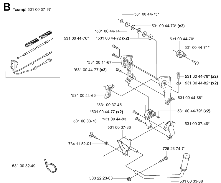 Handle And Controls Diagram and Parts List for 165BT 20041800001-Current Husqvarna Leaf Blower / Vacuum