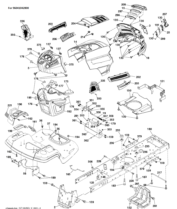 Chassis / Frame Diagram and Parts List for TS354 (96041042800)(2018-12) Husqvarna Lawn Tractor