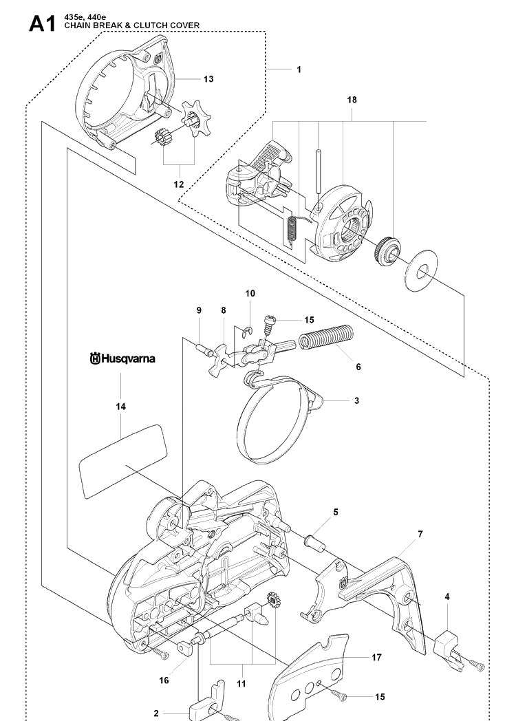 Chain Brake And Clutch Cover Diagram and Parts List for 440E 20090400001-20102300000 Husqvarna Chainsaw