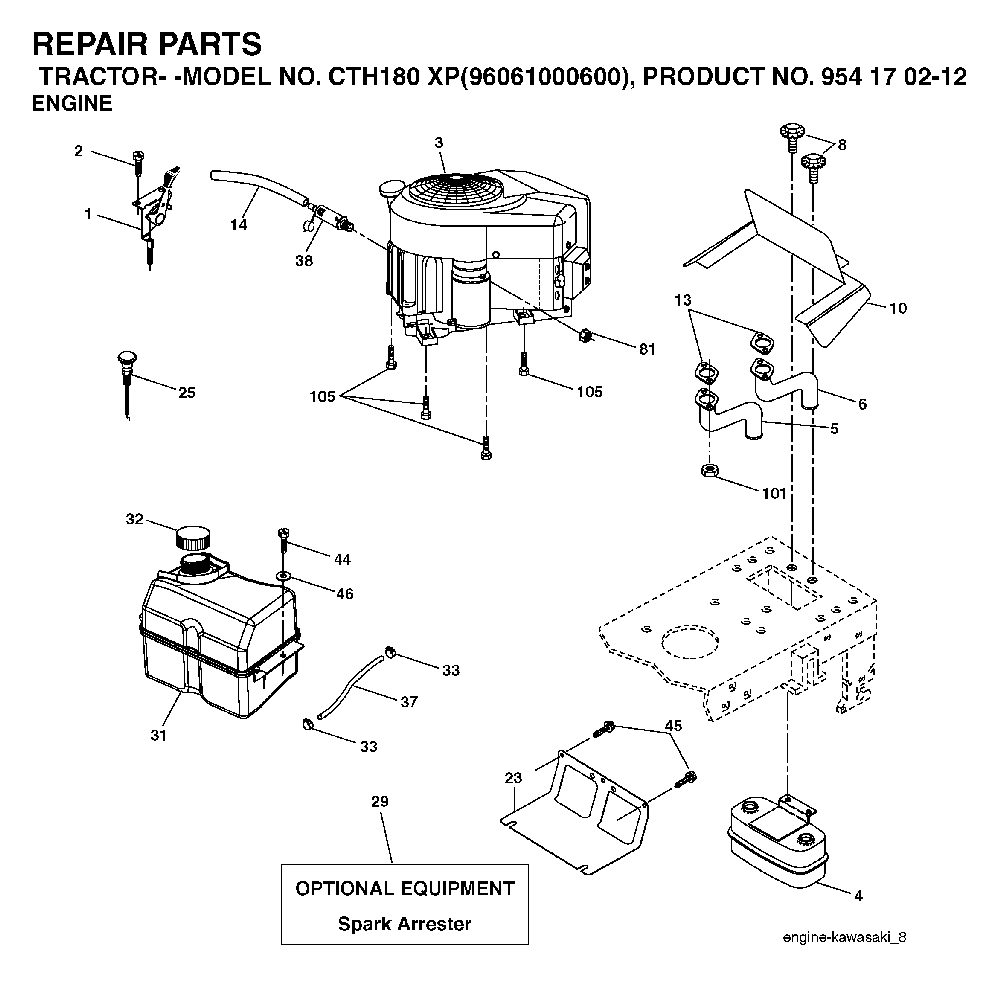 Engine And Cutting Equipment Diagram and Parts List for CTH180XP (96061000600,954170212)(2005-01) Husqvarna Lawn Tractor