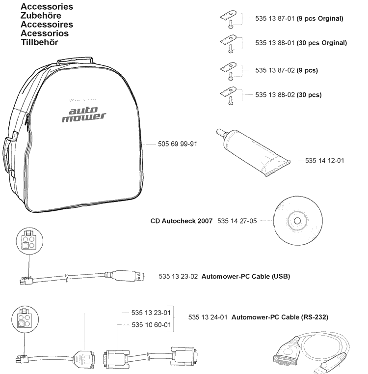 Accessories Diagram and Parts List for 220AC 2007-05 Husqvarna Lawn Mower