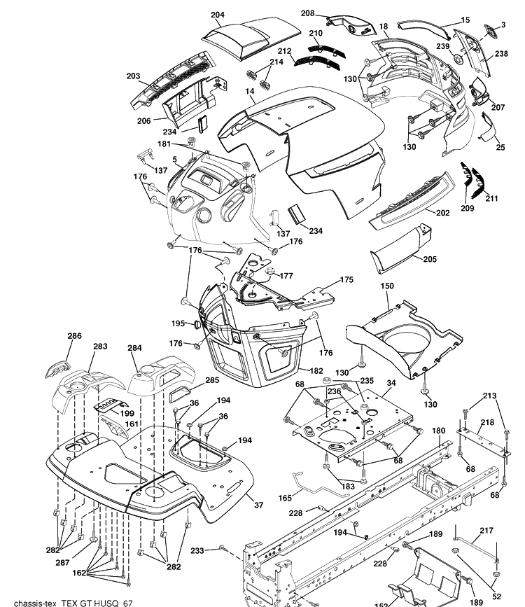 Chassis Diagram and Parts List for YTH2348 (917289571)(2010-04) Husqvarna Lawn Mower