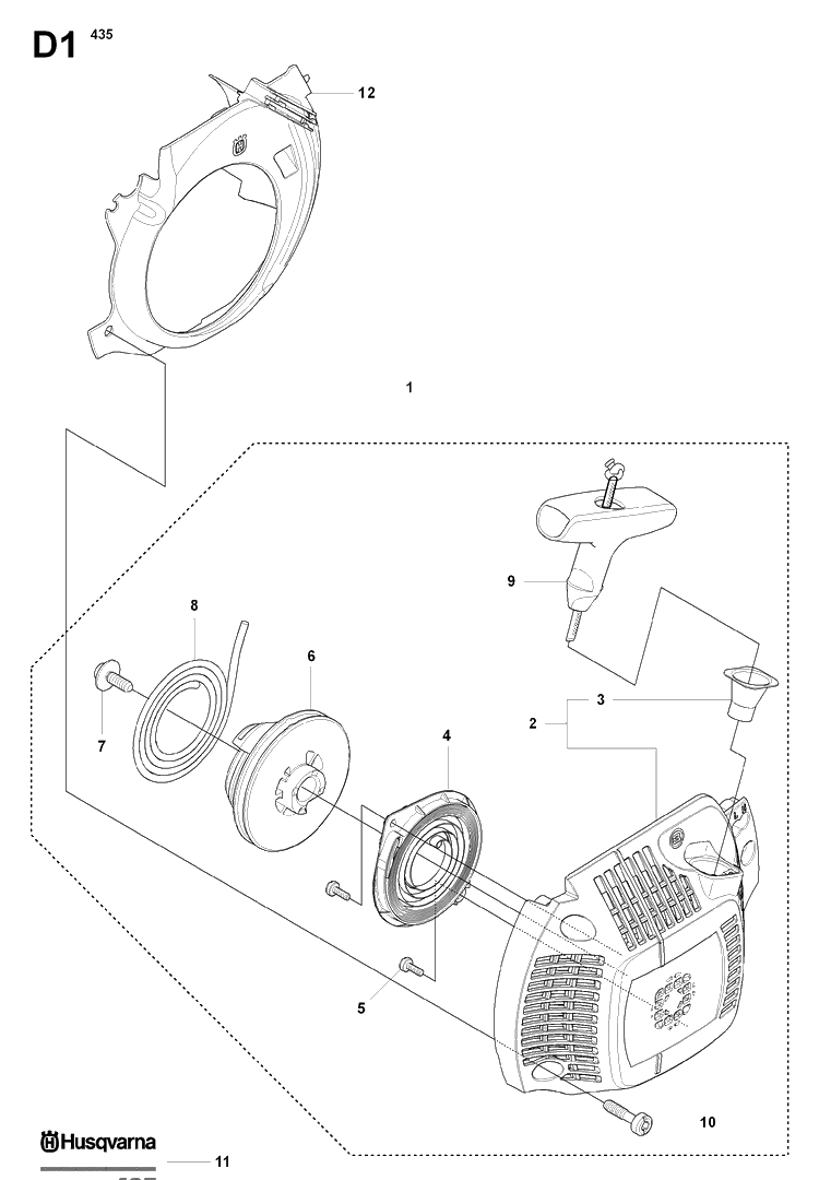 Starter Diagram and Parts List for 435 20081800001-20090400000 Husqvarna Chainsaw