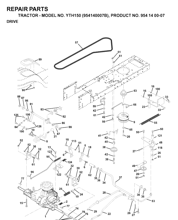Drive Diagram and Parts List for YTH150 (954140007B)(1997-01) Husqvarna Lawn Tractor