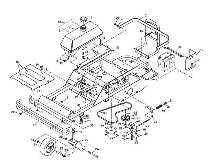 Main Frame Assembly Diagram and Parts List for ZTHKW4818 2001-09 Husqvarna Lawn Mower