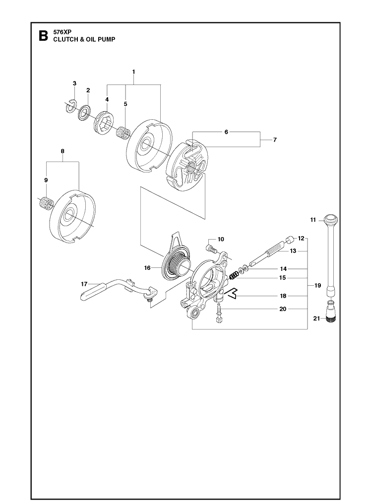 Clutch And Oil Pump 2 Diagram and Parts List for 576XP  Husqvarna Chainsaw