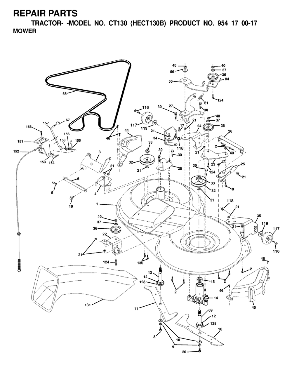 Mower Deck / Cutting Deck Diagram and Parts List for CT130 (954170017-B)(2000-02) Husqvarna Lawn Tractor