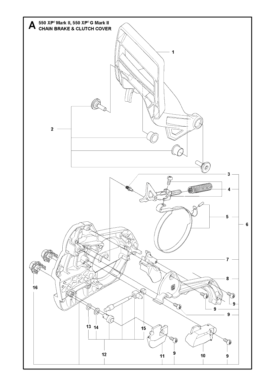 Chain Brake And Clutch Cover Diagram and Parts List for 550XP-XPG Mark II Husqvarna Chainsaw