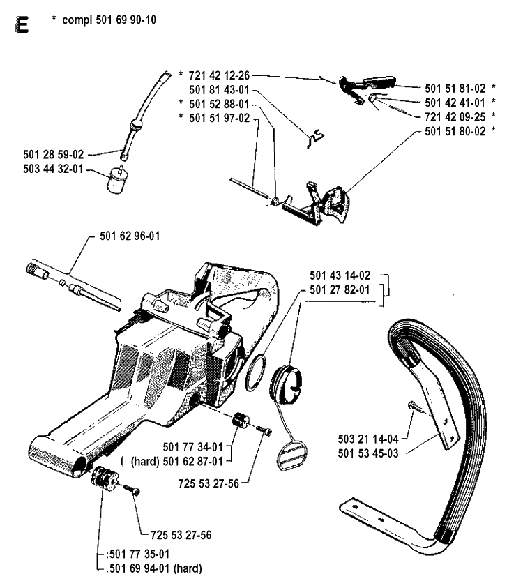 Fuel Tank And Handle Diagram and Parts List for 61 19910900001-19933600000 Husqvarna Chainsaw
