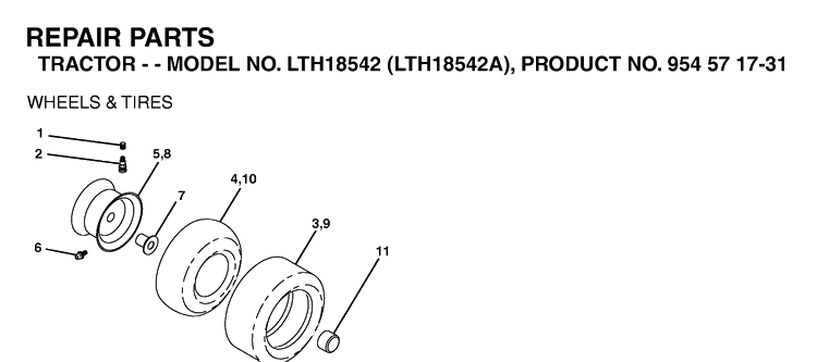 Wheels And Tires Diagram and Parts List for LTH18542-LTH18542A 2003-11 Husqvarna Lawn Tractor