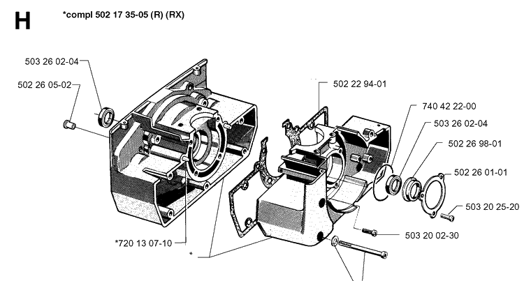 Crankcase Diagram and Parts List for 250RX 19973100001-Current Husqvarna Brush Cutter