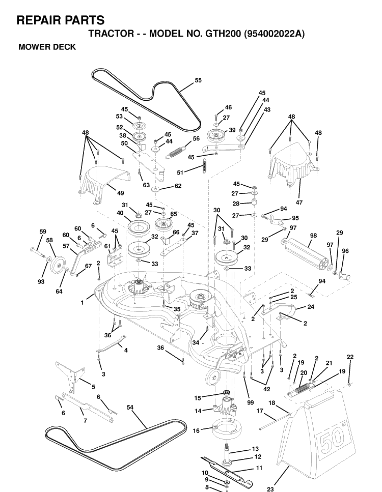 Mower Deck / Cutting Deck Diagram and Parts List for GTH200 (954002022A)(1995-05) Husqvarna Lawn Tractor