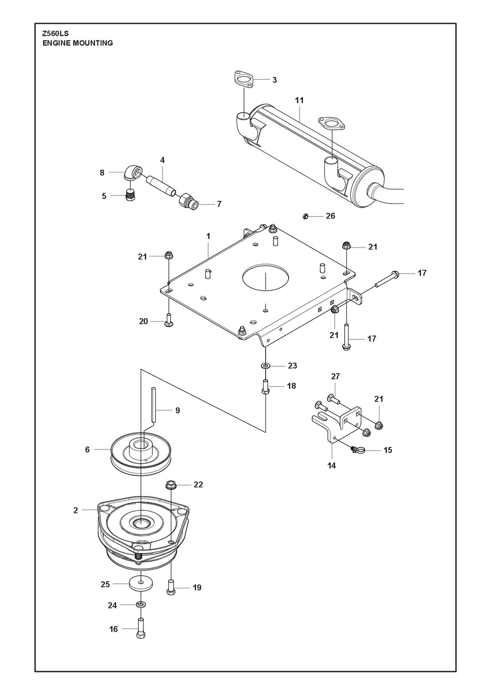 Engine Mounting, Guards And Muffler Diagram and Parts List for Z560LS  Husqvarna Lawn Tractor