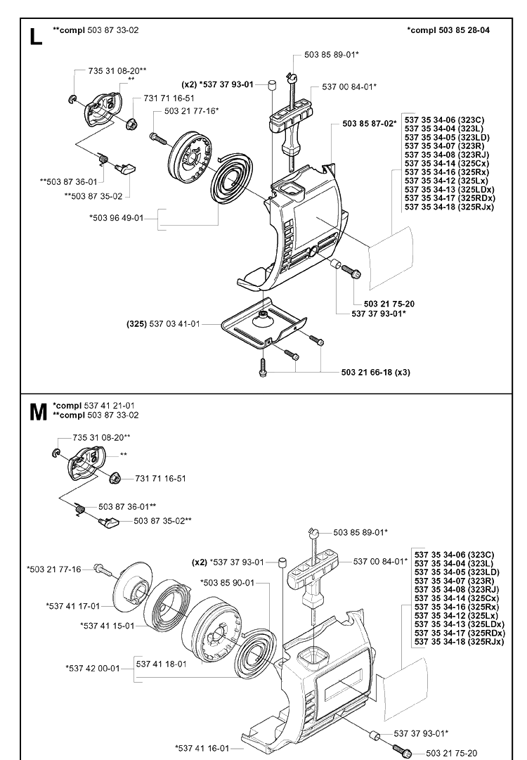 Starter Diagram and Parts List for 323L 20051800001-20061400000 Husqvarna Edger