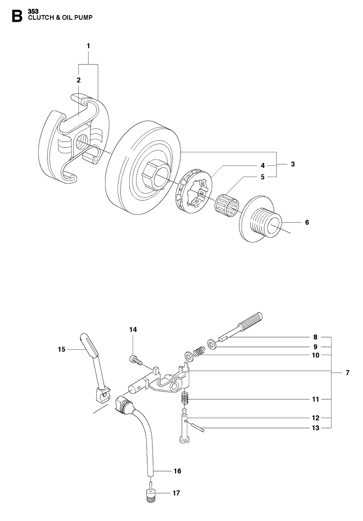 Clutch And Oil Pump Diagram and Parts List for 353  Husqvarna Chainsaw