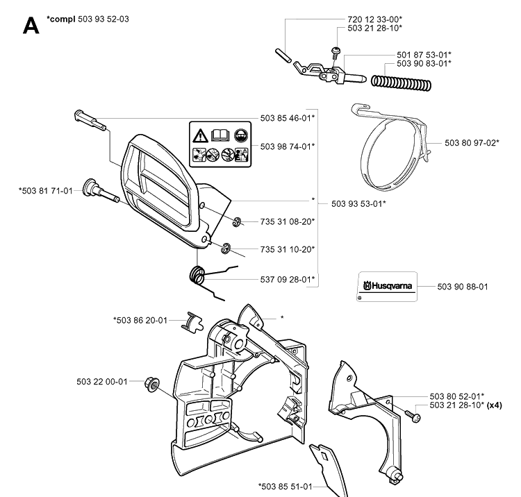 Chain Brake Diagram and Parts List for 334T 20051000001-20060100000 Husqvarna Chainsaw