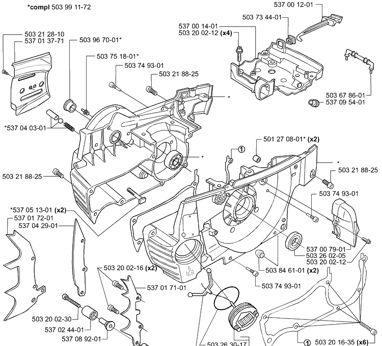 Crankcase Diagram and Parts List for 385 2001-04 Husqvarna Chainsaw