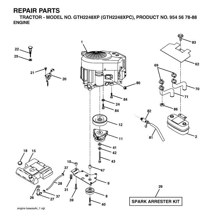 Engine Diagram and Parts List for GTH2248XP-GTH2248XPC 2003-07 Husqvarna Lawn Tractor