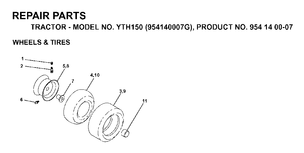Wheels And Tires Diagram and Parts List for YTH150 (954140007G, 954140007)(1998-09) Husqvarna Lawn Tractor