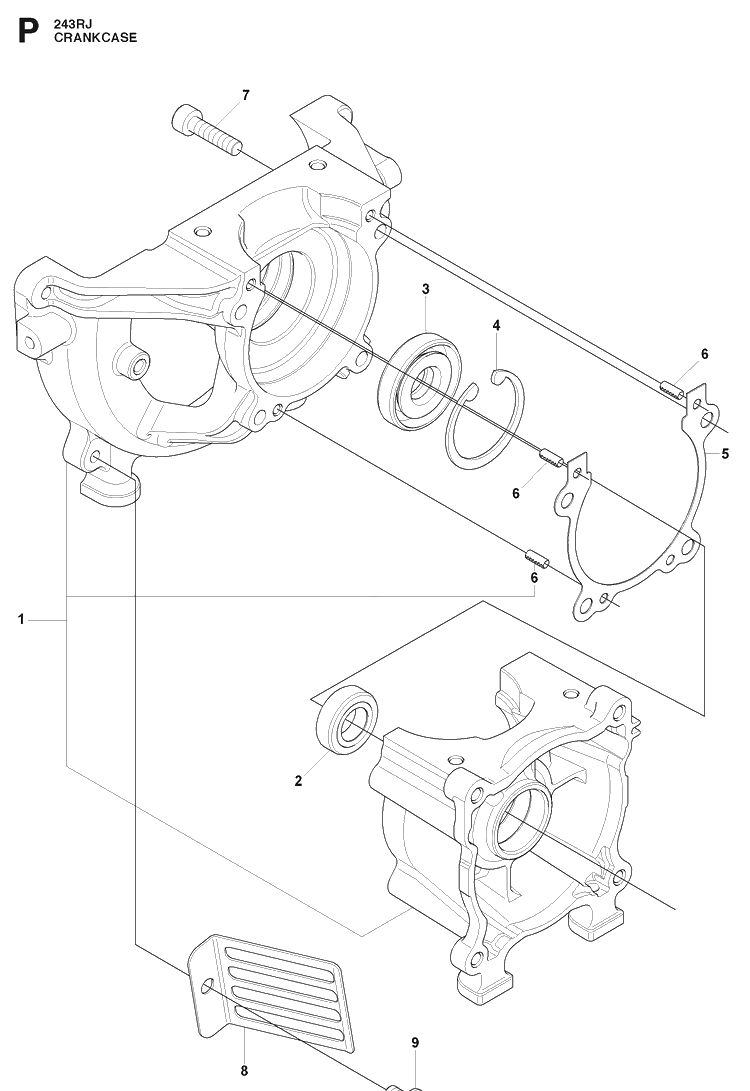 Crankcase Diagram and Parts List for 243RJ 20090900001-20113200000 Husqvarna Brush Cutter