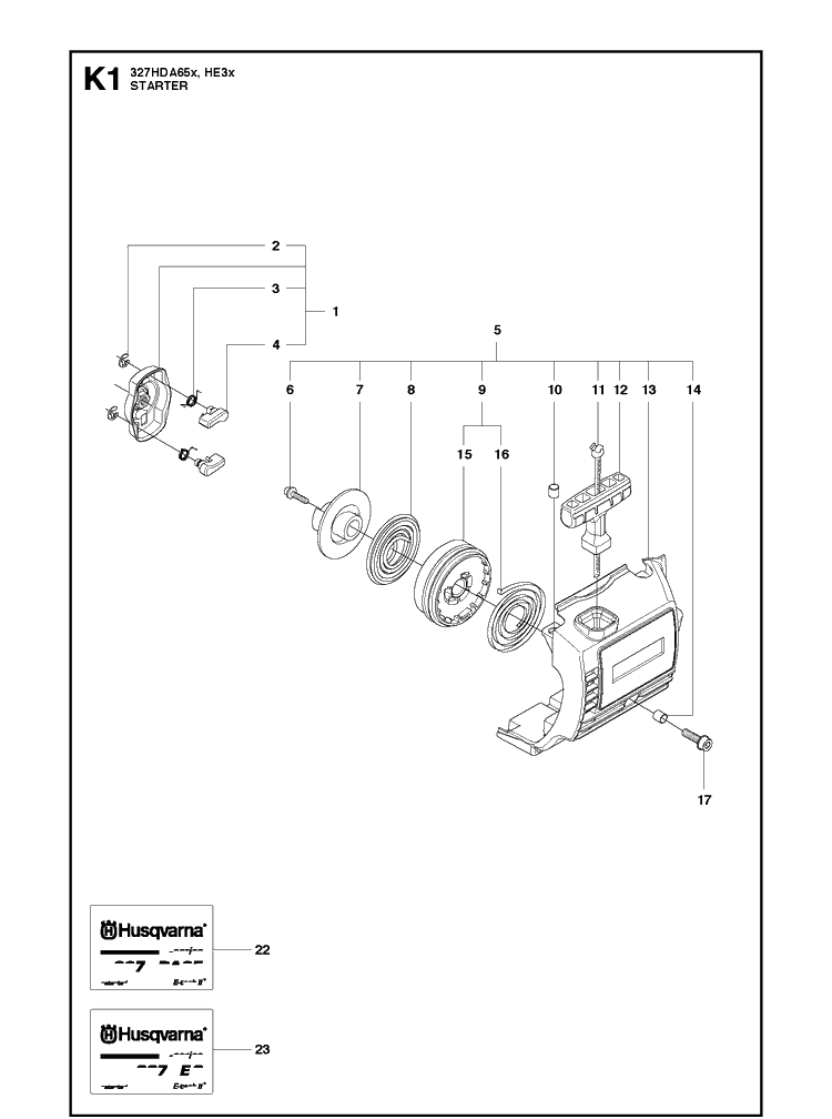 Starter 2 Diagram and Parts List for 327HE3 (X-SERIES)(20091400001-20150400000) Husqvarna Hedge Trimmer