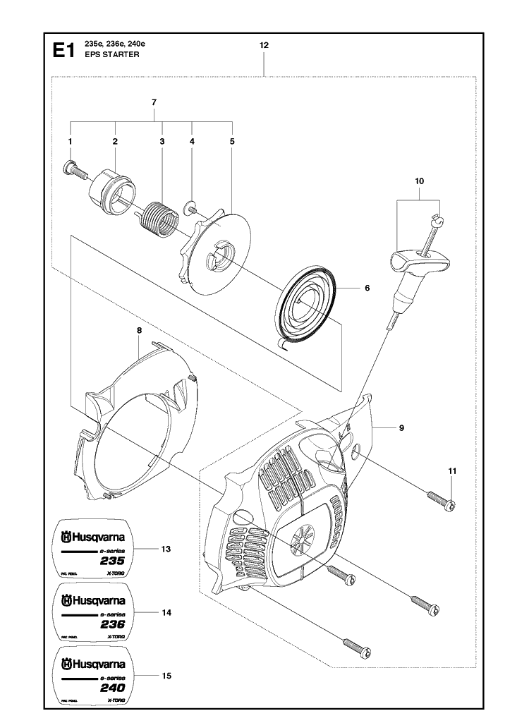 Starter Diagram and Parts List for 240 20101400001-20144000000 Husqvarna Chainsaw